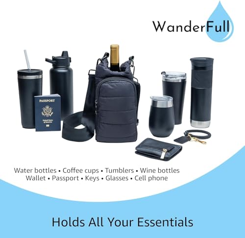 WanderFull® Original HydroBag® Fits Up to 32 oz Water Bottle Holder with Strap - Hands-Free Crossbody Water Bottle Carrier Bag with Phone Pocket - Matte Black