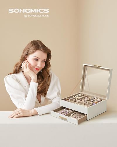 image for SONGMICS Jewelry Box Organizer with Glass Lid, 2-Layer Jewelry Storage