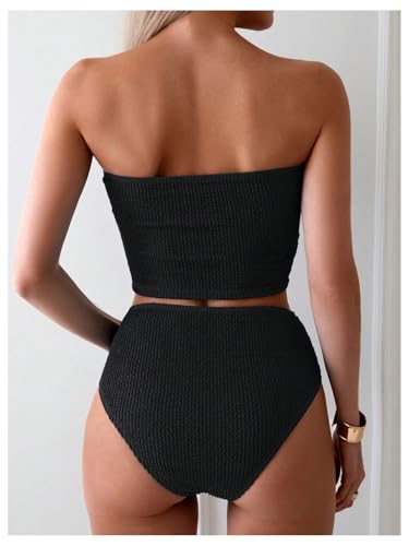 OYOANGLE Women's 2 Piece Strapless Swimsuit High Waisted Smocked Bandeau Bathing Suit2