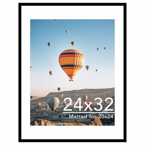 24x32 Picture Frame with 20x24 Mat, Display Photo 20x24 with Mat or 24 x 32 Without Mat, Wall Hanging Large 24 by 32 Poster Frame with Plexiglass, Black