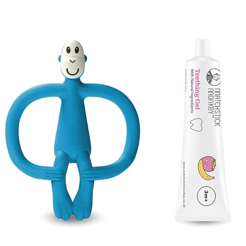 Matchstick Monkey Zahnungssortiment – Beißring & Bio-Zahnungsgel Erdbeere-Banane, natürliche Zahnungshilfe für Babys ab 3 Monaten, vegan, tierversuchsfrei, BPA-frei, Blauer Affe