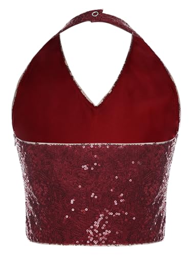 renvena Girls Sequin Halter Crop Top Sparkly Sleeveless Backless Latin Jazz Modern Dance Cami Tank Tops2