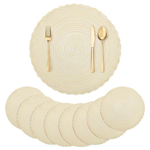 fanquare Round Set of 8 Placemats, Beige Modern Braided Place Mats, Heat Resistant Easy Clean Table Mats for Home Party Christmas 38cm