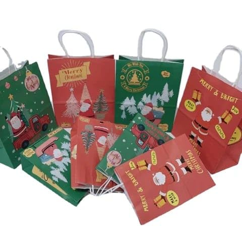 M & K Traders - Christmas Kraft Paper Bags - Kraft Paper Bags 24 Pieces set (16x22x8 cm) - Paper Gift Bag with Handles for Birthday Wedding Celebrations Retail Shopping Bridal Shower Party Favors