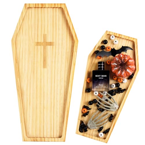 AWIZOM Halloween Wooden Serving Platter Coffin Shape Serving Tray Halloween Wood Charcuterie Board Wooden Snack Cheese Dish Plate for Fall Autumn Dinnerware Supplies,14.96x7.36x0.79 Inch