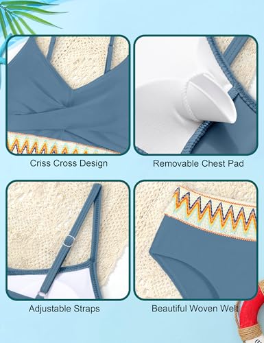 Image of BAVADER Teen Swimsuits for Girls 12-14 Bright Colors Bathing Suits Woven Welt High Waisted Bathing Suits for Teens 12-14 Girls Bikini 2 Pieces Swimsuit with Removable Bra Grey Blue