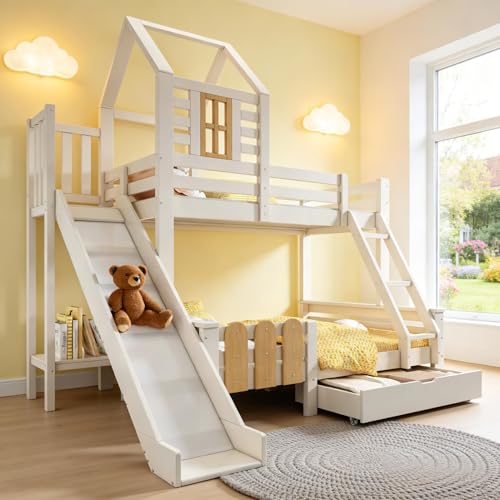 Su & Chan Legence Bunk Bed for Kids Wooden Cabin Bed with Storage Drawer Treehouse Design for Family with Multiple Children No Mattress 90x190 + 135x190cm White