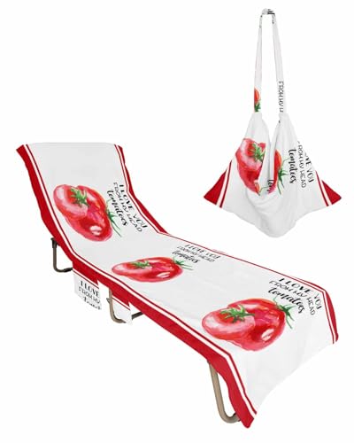 Tomato Beach Lounge Chair Towel Cover, Soft Chaise Lounge Towel with Side Pockets Patio Pool Chairs Cover for Beach/Pool Sunbathing 29x85 Watercolor Vegetable Red