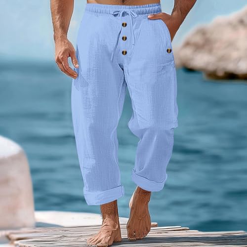 Linen Pants Men Plain Beach Button Front Placket Drawstring Casual Lightweight Baggy Dress Trousers with Pockets Summer2