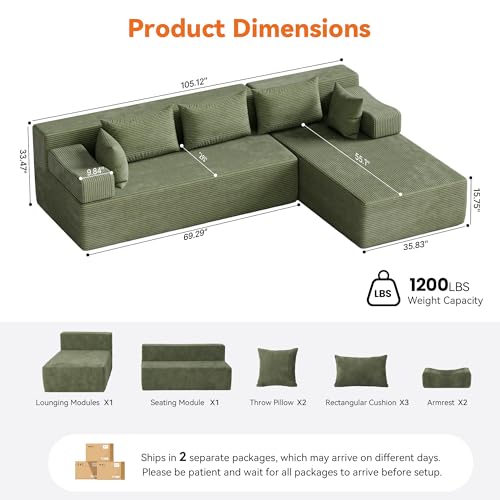 Image of MONVANE 106 inch Cloud Sectional Couch with L-Shaped Chaise, Modular Sectional Sofa with Deep Seat and Removable Armrests, Comfy Corduroy Boneless Couches for Living Room, No Assembly Required, Green