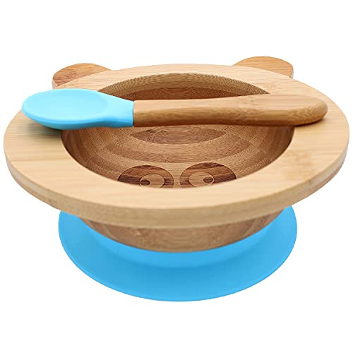 biomondi Bambus Esslernschale mit Saugnapf - Baby Geschirrset aus Bambus für Babys & Kleinkinder - Kinder Teller mit Bambuslöffel - Baby Breischüssel - Saugnapfboden & Löffel in Farbe - Blau Cover