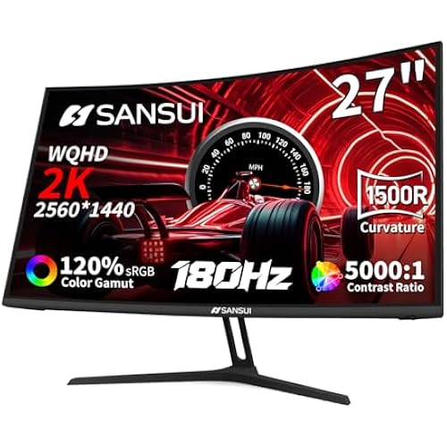 SANSUI 27 Inch WQHD 2560X1440 Curved Gaming Monitor 180Hz MPRT 1ms | Computer Monitor,HDMI2.0 * 2, DP1.2 * 2,Freesync,Curved 1500R,5000:1 Contrast Ratio,120% sRGB,HDR(ES-G27C1Q DP Cable Incl.)