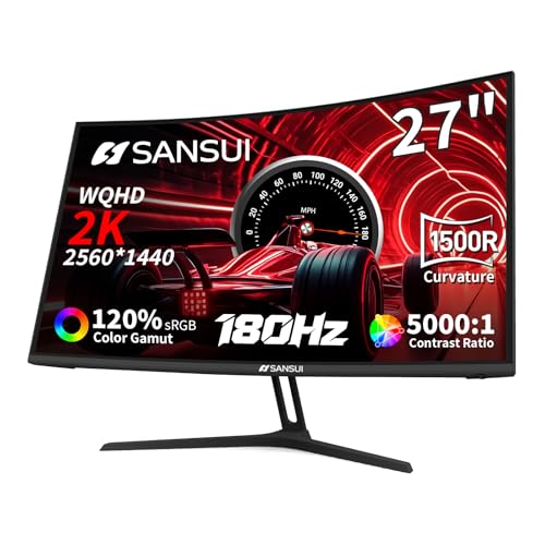 SANSUI 27 Inch WQHD 2560X1440 Curved Gaming Monitor, 180Hz MPRT 1ms Computer Monitor,HDMI2.0 * 2, DP1.2 * 2, Freesync, Curved 1500R, 5000:1 Contrast Ratio, 120% sRGB,HDR(ES-G27C1Q DP Cable Included) by SANSUI - Used condition - US$142.49