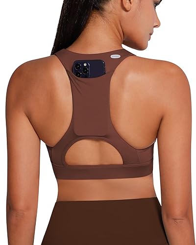 Image of QUEENIEKE BareFlow Women's Sports Bras with Phone Pocket Medium Impact Padded Racerback Workout Gym Crop Top Running Yoga Bra