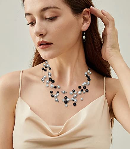 Layered Pearl Necklace Multi-Strand Pearl Choker Necklaces For Women Beaded Jewelry For Wedding Parties(37-Black And White) #TOP2