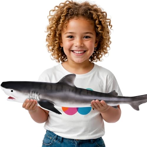 Realistic Giant Tiger Shark Toy(15-16 Inch) with Booklet, Soft Plastic