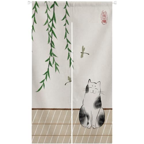 Ofat Home Wild Man Cat Hand-Painted Noren Curtain 33.5' W x 59' L, Japanese Ink Style Cat with...