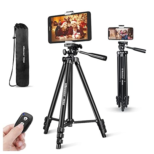 Phone Tripod, UBeesize 50’’ Extendable Lightweight Aluminum Tripod Stand with Universal Cell Phone/Tablet Holder, Remote Shutter, Compatible with Smartphone & Tablet & Camera.