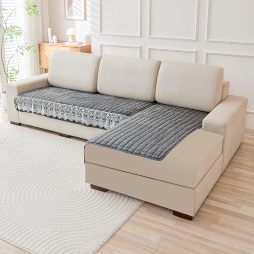 Image of HOKIPO 'BelleLace Series' Imperial Milk Velvet L Shape (2+2 Seater) Sofa Cover Mat with Lace Design, Porpoise Grey (AR-5964-5965-DGRY)