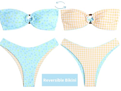 Image of ZAFUL Women's Bandeau Bikini O Ring Strapless Tie Back High Cut Two Piece Swimsuit Bathing Suits