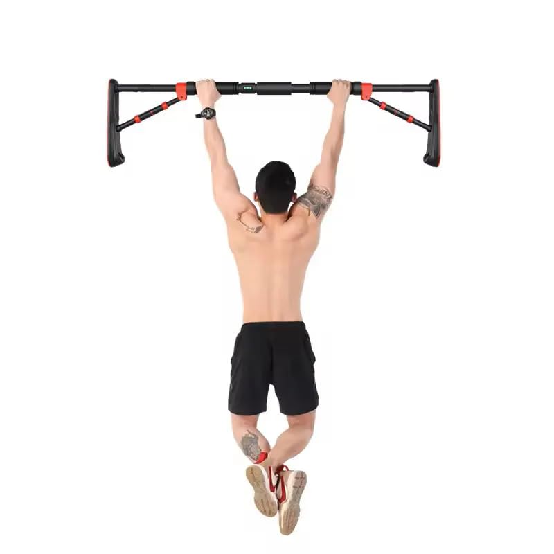 Image of LUVINA Pull Up Bars Wall Mounted Workout for Home, Length Adjustable Without Screw Anti-skid Grip Hanging Bar Rod Exercise Bar, Push-Ups, Sit-Ups, Stretching, and Height Increase Hanging Bar (Black + Red, 70cm - 90cm)