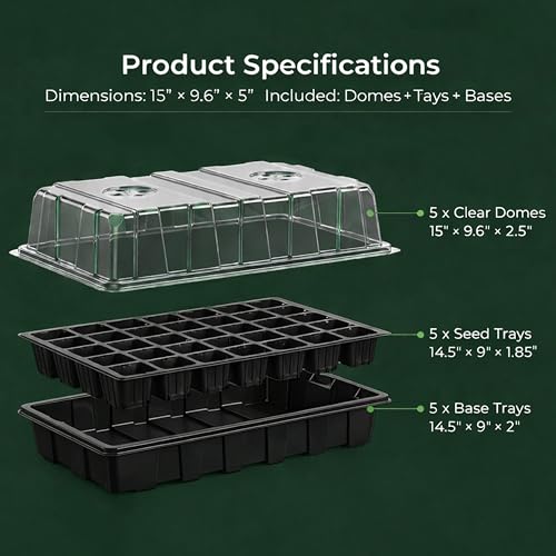 Gardzen 5-Set Seed Starter Tray Kits, Durable Plant Germination Trays with Humidity Vented Domes and Bases, Ideal for Seed Starting, Indoor Gardening, and Greenhouse (Total 200 Cells) - Image 3