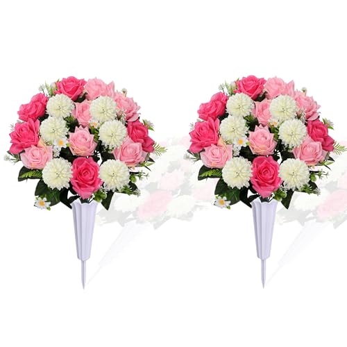 Lodou Set of 2 Artificial Bouquet Grave Memorial Flowers with Vase, Realistic Vibrant Roses,Cemetery Memorial Flowers for Outdoor Tombstone Decorations (Pink)