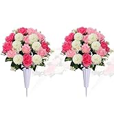 Lodou Set of 2 Artificial Bouquet Grave Memorial Flowers with Vase, Realistic Vibrant Roses,Cemet...