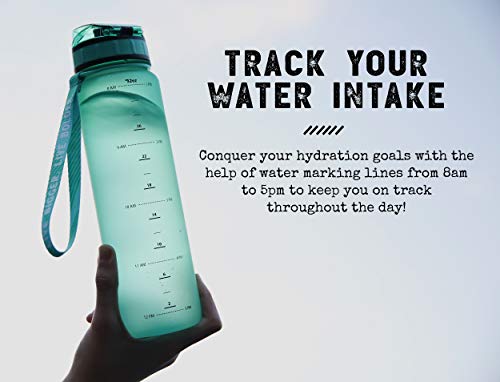 Live Infinitely 34 oz BPA Free Water Bottle with Time Marker, Fruit Infuser Screen & Shaker Blending Ball - Locking Flip Top Lid & Durable Rubberized Bottle Coating (Mint, 34 Ounce)