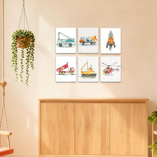 Image of Frimeeme Car Wall Art Boys Room Canvas Wall Decor Nursery Prints, Unframed | Kids Decor with Airplanes, Rockets & Ships for Boys' Nursery, Bedroom & Playroom, 8x10 Inches, Set of 6