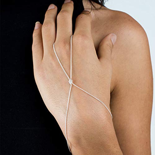 Yienate Delicadas pulseras de anillo de cristal con cadena de mano plateada, arnés de mano con diamantes de imitación, pulsera esclava para mujeres y niñas