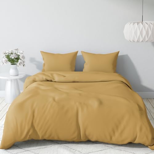 Image of Wakefit 100% Cotton 200 TC Solid Fitted Bedsheet with 2 Pillow Covers | Golden Yellow Diwan, 72 inch x 48 inch, Golden Yellow | 1.83m x 1.22m