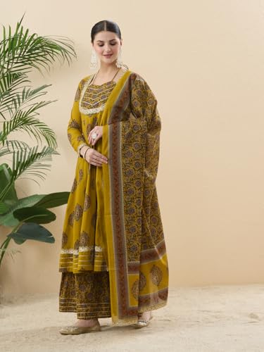 Image of MOKOSH Women's Cotton Print Anarkali Kurta Sharara with Dupatta | Anarkali Kurta Set | Queen Anne Neck Full Sleeve Ethnic Suit | Floral Kurta 3 Colour Option Available | 3 Piece Outfit