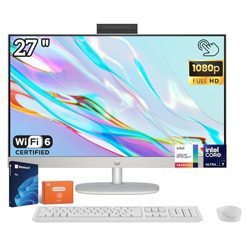 Image of HP Touchscreen All in One Desktop Computer, 27'' FHD IPS Display, Intel 12-Core Ultra 7(Up to 4.8GHz), Adjustable Height, 32GB DDR5, 1TB SSD, Win 11 Pro, Jet Black, Accessories