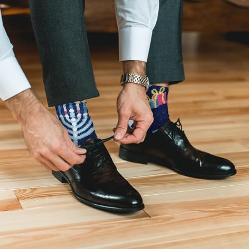 Image of Rite Lite Hanukkah Menorah Socks | Adult Crew Sock Fits Shoe Size 8-12 Blue Chanukah Cozy Socks Jewish Holiday Party Favors Accessories Decorations Gifts Festival of Lights (Ugly Sweater)