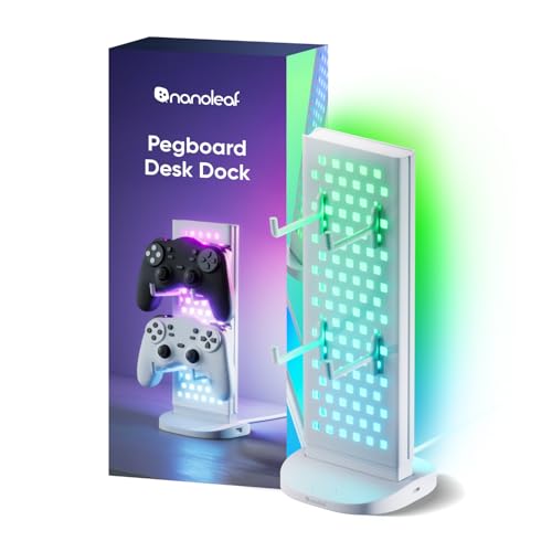 Nanoleaf Pegboard Schreibtisch Dock Weiß, 3 in 1 RGBIC Tischlampe mit Controller/Kopfhörer Halter, Doppelseitige Lichteffekte, USB-C Dock, Musik & Screen Sync über Desktop App,Gaming Ambiente