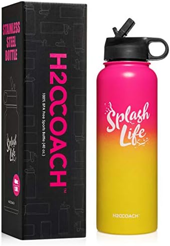 H2OCOACH Stainless Steel Water Bottle | Insulated 40 oz (1.8 Liter) | Large Motivational, BPA Free