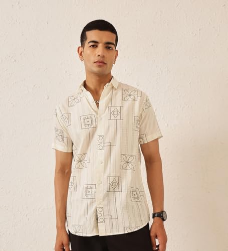 Image of Majestic Man Men's Slim Fit Pure Cotton Printed Casual Shirt - Short Sleeve | Premium Breathable Fabric | Modern Geometric Design