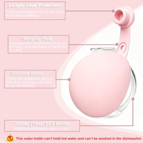 Image of Dog Water Bottle Portable, 2in1 Round Dog Water Bowl PET 10oz | Leak Proof Pet Water Dispenser, Foldable Silicone Bowl Drinking Bottle for Dogs Puppy Cats Travel Walking Hiking Camping Pink