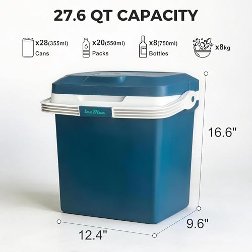 Image of Electric Cooler, 26 Liter Mini Fridge with Automatic Locking Handle (Blue) | Large Capacity Car Refrigerator, Dual Use Portable Car Fridge for Travel, Outdoor, Camping, Gift