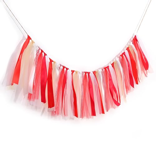 Red Ribbon Banner/Garland - Red Girl 1st/First Birthday Decorations Girl Party Ribbon Bunting For Mantel Banner
