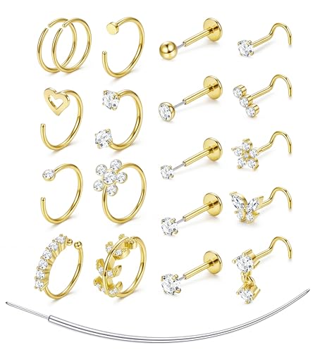 Adramata 20G Piercing Nez Acier Inoxydable Clous Et Anneaux | Clous Sans Filetage Et Anneaux Septum, CZ, Bijoux Piercing Nez Femme, Plaqué Or 14K Ou Couleur Argent
