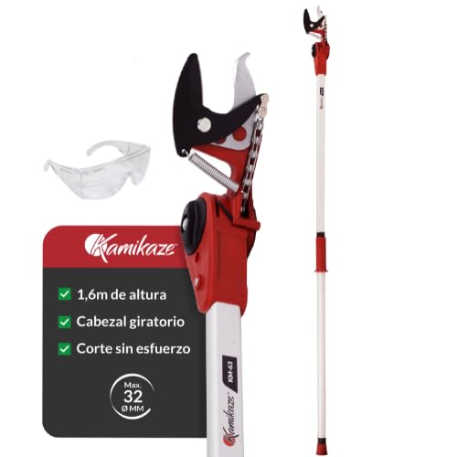 KAMIKAZE Tijera en Altura para Poda. Pértiga de 1,6m con Mecanismo Poleas Reductor de Fuerza. Cabezal Giratorio. Ideal para Poda de Ramas Altas y Paisajismo. Corta Ramas con Cuchillas de acero SK5.