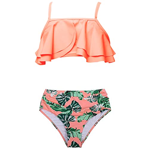 Image of Stylish Girls' Sport Suspenders Bikini Swimsuit - 2-Piece Halter Top Swimwear for Kids - Perfect for Diving, Surfing - Vibrant Orange Color