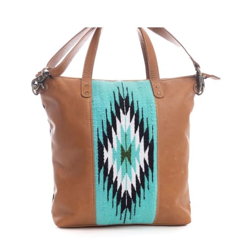 Myra Bag Shoulder Bag for Women - Western Upcycled Leather and Canvas Handbag Caramel & Teal4