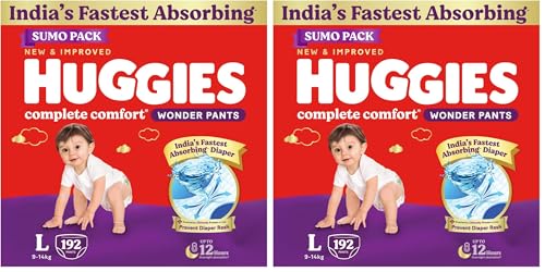 Image of Huggies Complete Comfort Wonder Pants | Pant Style Baby Diapers Large Size (L), 192 Count | India's Fastest Absorbing Diaper, Prevents Diaper Rash, Ideal for 9 to 14 Kgs (64 Count, Pack of 6)