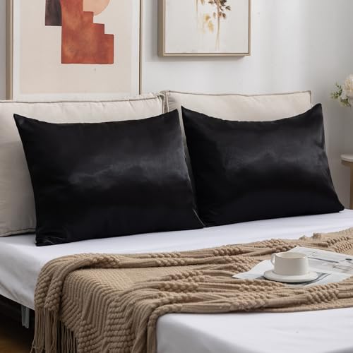 Satin Pillowcases Standard Set of 2 - Silk Soft Pillow Cases for Hair and Skin 20x26 inches, Black Satin Pillow Covers 2 Pack with Envelope Closure for Home,School, Hotel