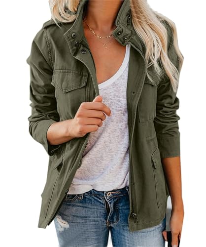 Generisch Chaqueta anorak militar para mujer, ligera, casual, con cremallera, botones de presión, chaquetas cargo utilitarias con bolsillos, chaqueta vaquera para mujer, Verde militar, S