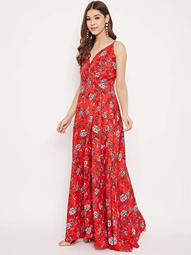 Image of Berrylush Red Solid V Neck Maxi Dress