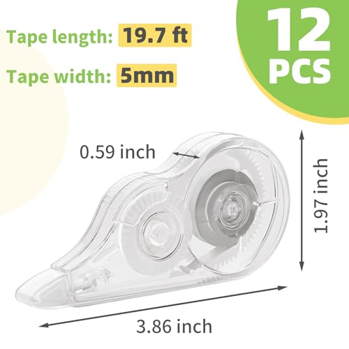 JEFURE 12 Pcs Transparent Correction Tape, 236 Inch Tear-Resistant Bulk for School, Office, Note Taking, Journal (Tape Width 0.2 In)